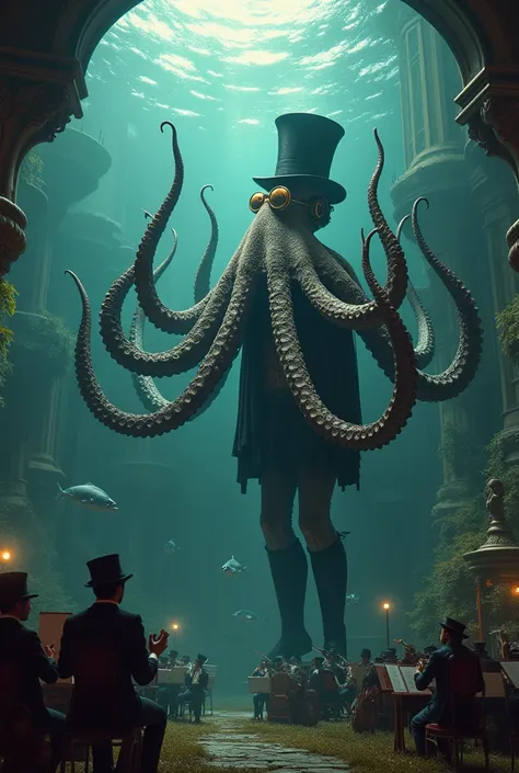 A steampunk octopus wearing a monocle and top hat, conducting an orchestra of mechanical fish in an underwater Victorian concert hall
(Super Best masterpiece Hyper high tall Giant meid girl Raw Photography Art),
 (((Depiction of a scene looking up from the...