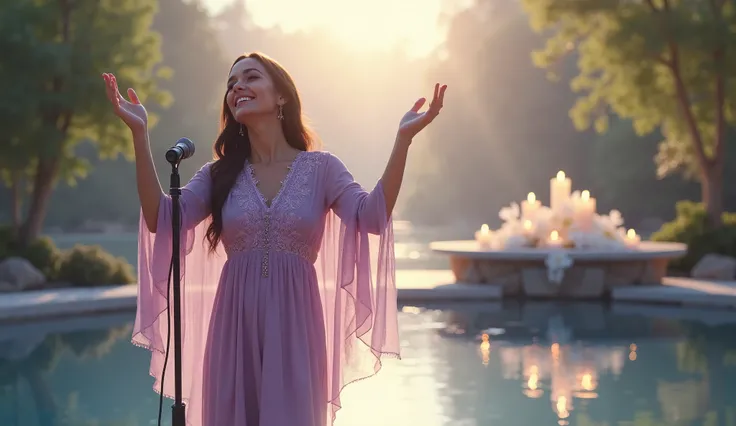 Main Focus:
A female worshiper in a soft lilac dress with simple lace details, holding a microphone in one hand while singing with joy.

Pose and Expression:
Standing with one hand raised and the other holding the microphone near her chest, her face beamin...