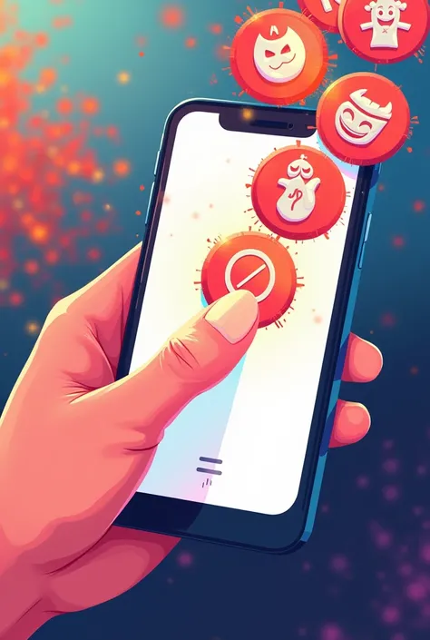 A finger tapping a smartphone screen, meme token icons overflowing from the screen, simple illustration, vibrant colors, dynamic