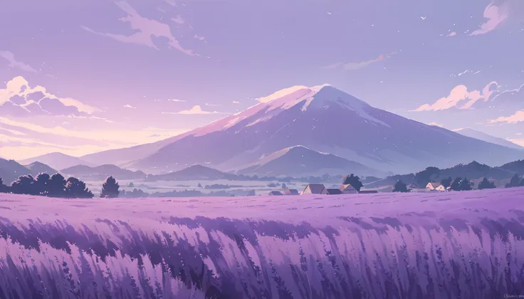 LAVENDER landscape , Pastel Purple Colors ,,Ghibli style ,cute ,Cozy , Landscape Wide Field Ultrawide Purple tone