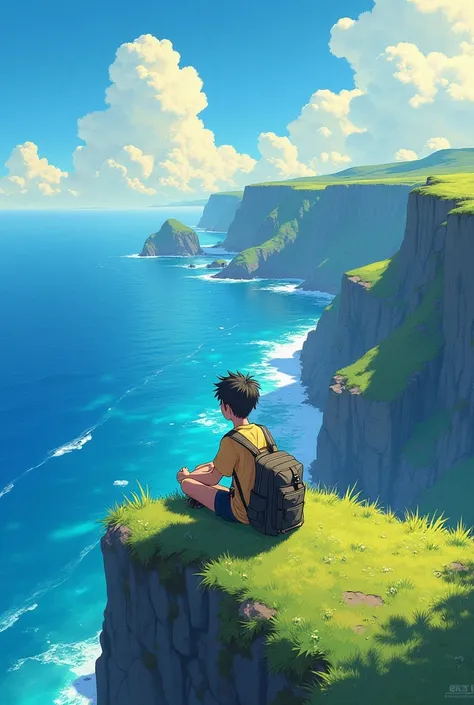 A young traveler with a backpack sits on a grassy cliffside, gazing at the vast blue ocean with waves crashing against rocky shores. The golden sunset bathes the scene in warm light, casting a shimmering reflection on the water. The sky is a mix of soft cl...