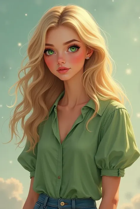 Wavy blond haired girl , nose fine, rosy cheek,  small lips,  emerald green eyes,  round face,  with green blouse and jeans and sneakers.