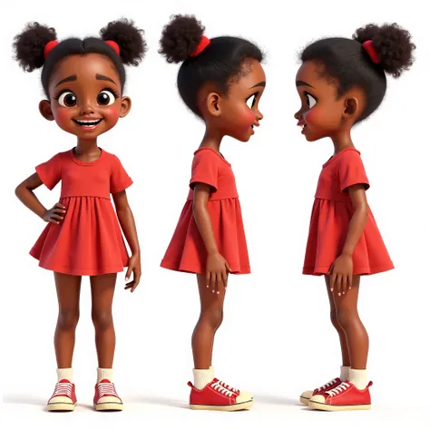 "A highly detailed 3D-rendered character sheet of a cute  African girl, featuring multiple poses, facial expressions, and outfit details. The girl has big, expressive eyes, warm brown skin, and naturally curly hair styled in two puffy afro pigtails with sm...