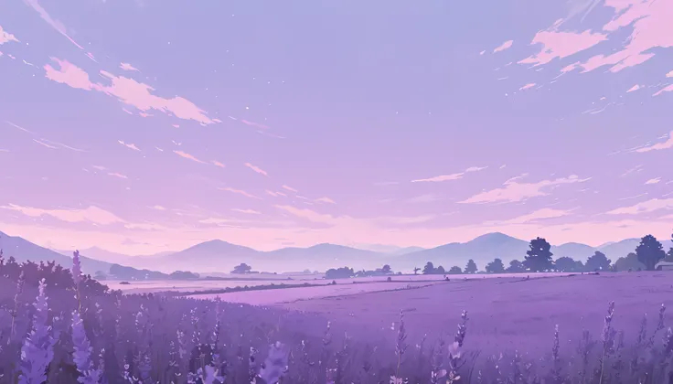 LAVENDER landscape , Pastel Purple Colors ,,Ghibli style ,cute ,Cozy , Landscape Wide Field Ultrawide Purple tone