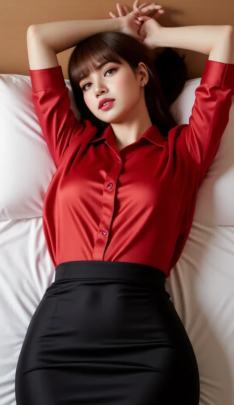  an office lady,  sleep on their backs on the mattress, Both hands raised above the head, use an oversized shirt of red satin material unbuttoned,  use long oversize skirt to toe maxi model black satin material,  big boobs,  red lips