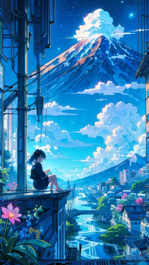 masterpiece,  delicate details without lighting, top quality,  one girl,  alone, handrail, cloud, building, long hair, null,  Long Sleeve, Power Lines,  white shoes ,   black hair, Electric pole, bangs, cloudy null, , bird,  green eyes,  shorts, day,  blac...