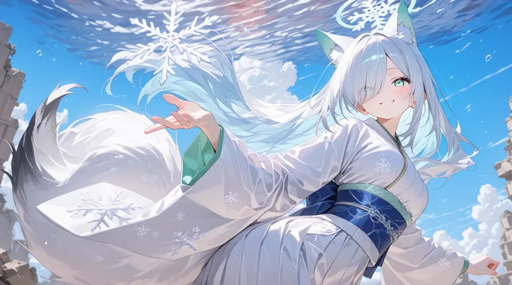  Gray Hair、long hair、hair over one eye、summer、sea、Ruins、Cumulonimbus、 slender、  cute pose、smile、  Cool Personality、  boyish、July、  kimono、 Fox Ears、fox tail、Floating Hair、 Snowflake、 high school girl、、masterpiece、masterpiece、 pale blue-green eyes、((Light b...