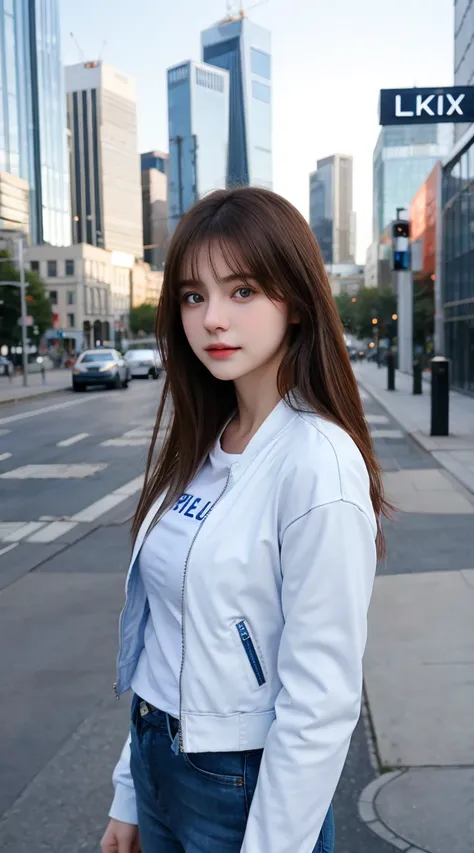 Gorgeus Girl, Beautiful, Baby Face, 20 Years Old, White Skin, Beside, Sexy Pose, white T-shirt, Blue Eyes, Bokeh, City background, Full body shot, Arms hanging, Long Sleeve Zipper Leather Jacket, Dark blue jeans, Brown hair.