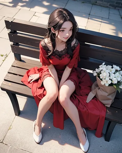 1girl, Solo, Long Hair, Smile, from above view. From above side view. Head down.

Cute and beautiful face. Only 2 legs please.

Summer dark red lace dress. Sitting on a bench. hands are on her lap. White Flowers on her lap.

Show full body. Wearing slipper...