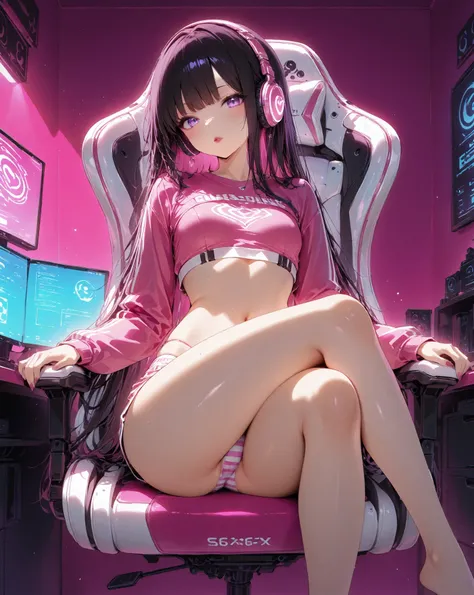 (S6x: girl, solo, 1girl, female focus, small breast, very long black hair, pink headphones, crop shirt, pink shirt with cloud icon in the middle, small gray short, barefoot, crossed legs), (sitting in a white gamer chair),(red lipstick),(bedroom, pink wall...