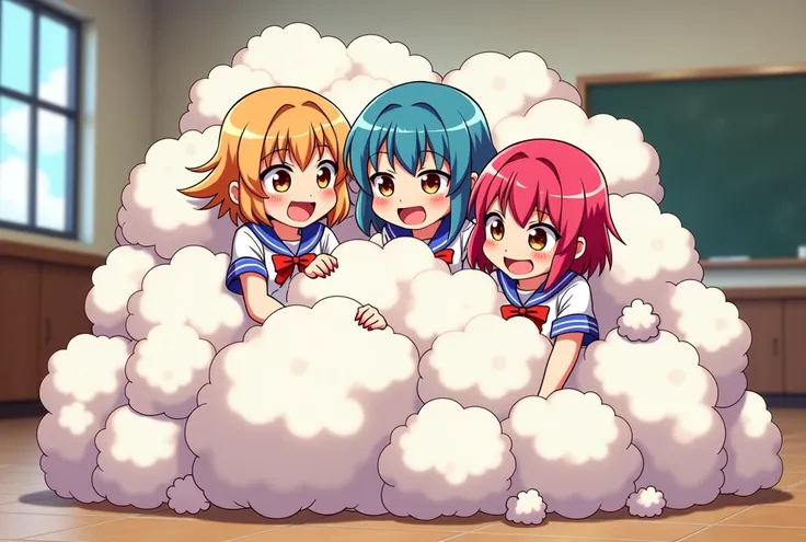 An anime-style illustration depicting many gang-girls playfully wrestling with each other inside a school room comical fight cloud.
each gang-girl has different colored hair.
their faces,hands,and feet are visible emerging from the cloud as they tussle hum...