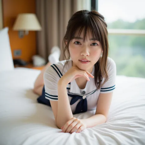 (Masterpiece, Best quality: 1.3), (Ultra realistic, Photo-realistic: 1.2), (nsfw: 1.2), (Full body: 1.2),  Natural light, 28 years old actor, Japanese woman, yuri, lesbian, Neat and clean, (Wearing Sailor suit, short sleeve: 1.2), (Dark navy skirt: 1.2), (...