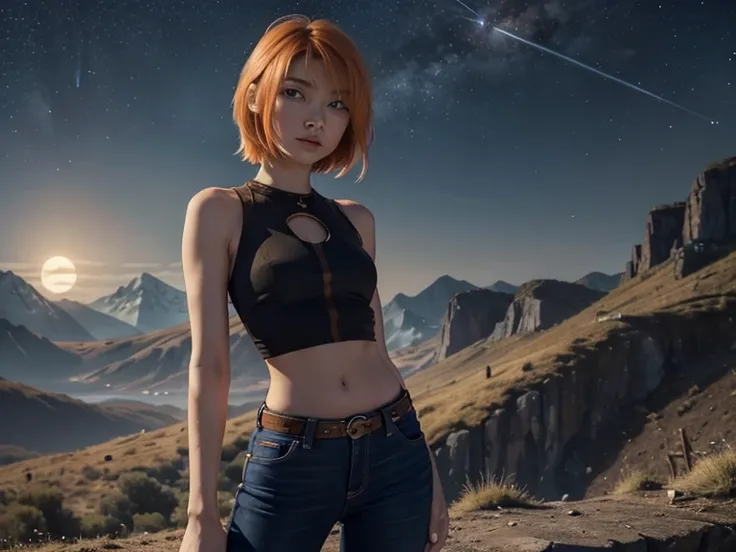 Astrid,  short hair,  orange hair,  slim body,  small bust,  Looking at the spectator, jeans,  pretty legs, landscape, mountainous, hand on his chest,  starry sky,  Full Moon,