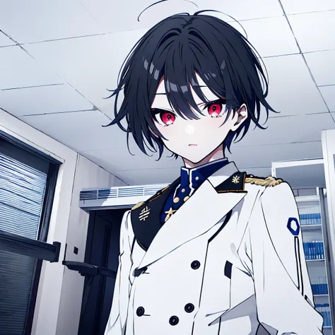  super precision 　 top quality　One person　 short　male　 midnight　Hair mixed with black and red　 deep red eyes like ice　A beautiful face that is as well-groomed as ice　Another world style　despair　I'm in a black room　 wearing a military uniform　 expressionles...