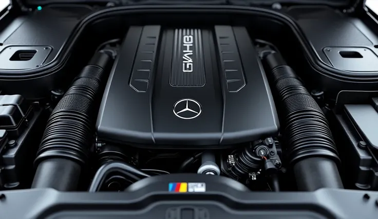 Engine view of painted (black)with shiny clour New (2025 Mercedes AMG g63 ) with ( 2025 Mercedes amg g 63) logo on its large detailed iengine in shiny black clour  captured from  engine view