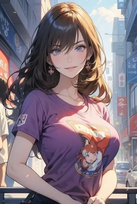 (( top quality)), ((masterpiece)),  anime style、 perfect face,  1 girl,  big breasts、He is wearing a T-shirt with the Volleyball Nations League logo..、cowboy shot、smile、