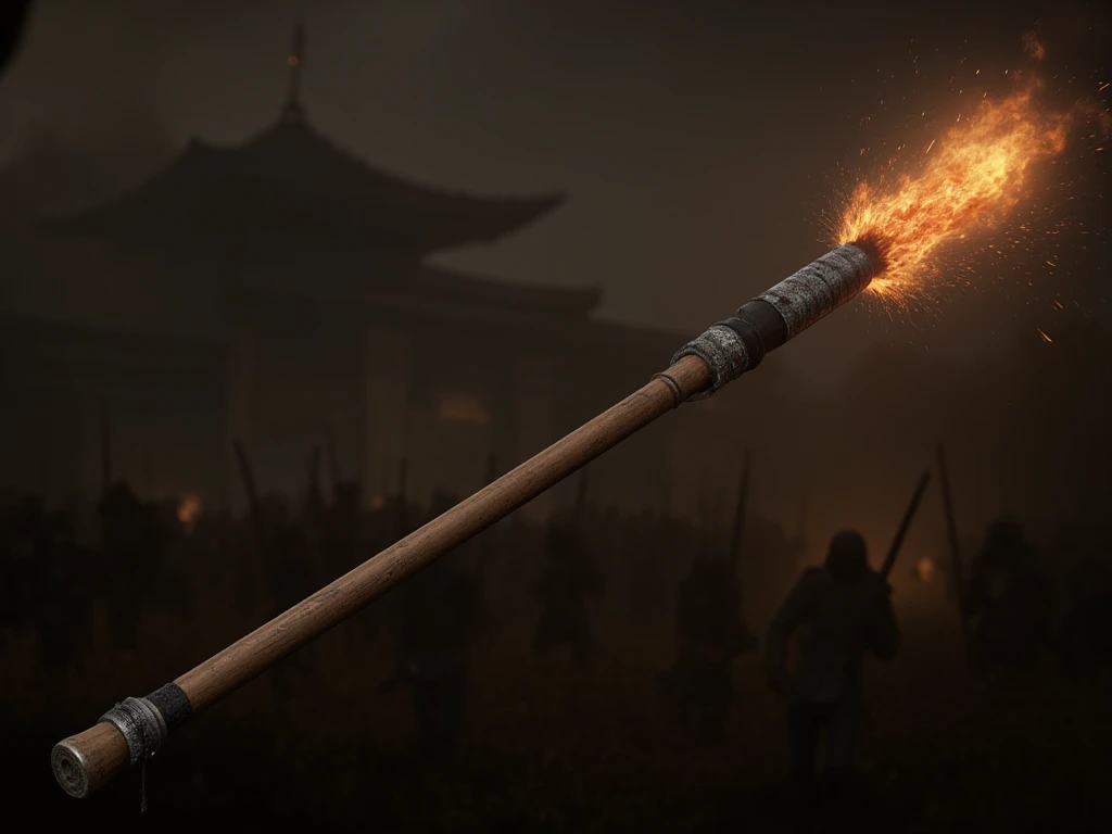 A detailed historical realistic of a 10th-century fire lance, showing bamboo or metal tubing with a burning flame at the tip