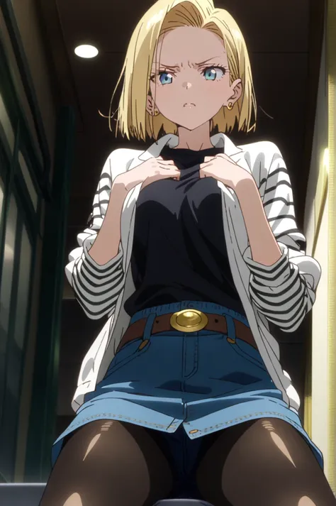  anime screen capture  ,  high quality,  official style, android 18,  short hair, blue eyes,  blonde hair  ,  Android Saga  , Classic Clothing,  black shirt,  Long Sleeve ,  pantyhose,  earrings,belt,  black legwear,  denim ,  denim skirt,  striped sleeve ...