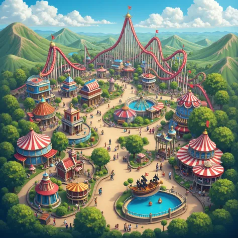 a realistic navigation map of a huge amusement park with 3 thrilling rollercoasters, a big Ferris wheel, a pirate ship ride, 5 food restaurants, and more attractions to use in the park's app