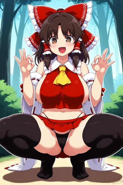   high resolution,   top quality , ( 5 fingers)  NSFW thick outline colorful Hakurei Reimu,  Hair,  brown eyes,   yellow ascot ,   red shirt by Doof ,  red skirt,  micro mini skirts for skirts, Reveal what clothes to wear ,  black thigh high socks,   Black...