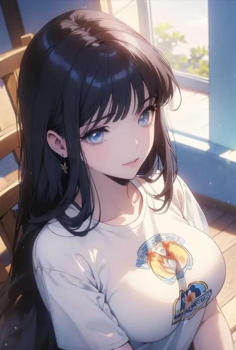 (( top quality)), ((masterpiece)),  anime style、 perfect face,  1 girl,  big breasts、 He is wearing a t-shirt with the Volleyball Nations League logo.、cowboy shot、smile、32K、Glossy skin、Fresh lips、Beautiful transparent eyes 、 detailed hair 、 shot looking do...