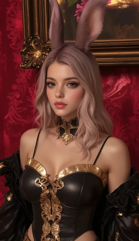 8k, masterpiece,  top quality,  Beautiful Viera , Blond Viera,  long wave hair, bangs, Leopard print coat,   Animal Print Corset ,   Statement Necklace  ,  hair clip,  smokey eye makeup ,  puffy lips ,  red background , Ornate Metal Frame  ,  Nightclub Set...