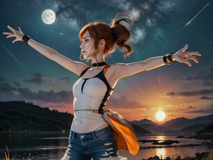 Astrid, strapless blouse,  short hair,  orange hair, collar,  slim body,  small bust,  in profile, jeans,  pretty legs, landscape, mountainous, Outstretched hand,  starry sky,  Full Moon,