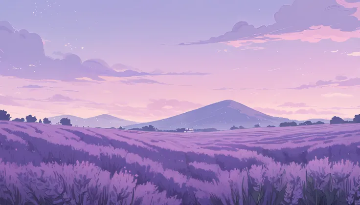 LAVENDER landscape , Pastel Purple Colors ,,Ghibli style ,cute ,Cozy , Landscape Wide Field Ultrawide Purple tone