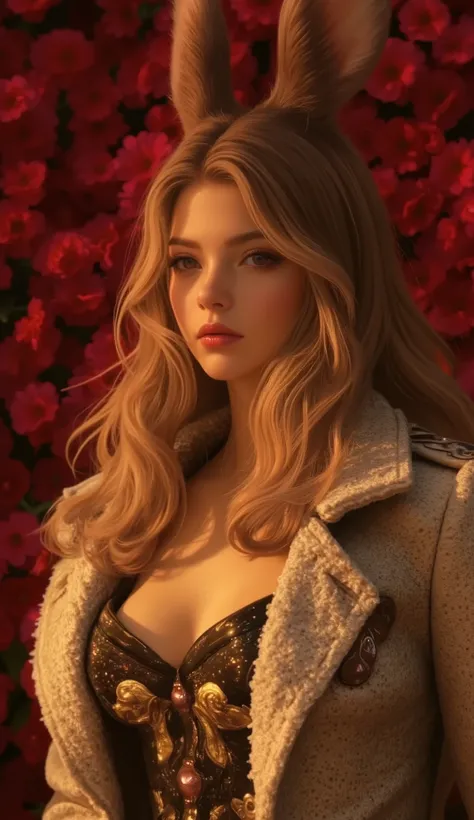 8k, masterpiece, top quality, Beautiful Viera , Blond Viera, long wave hair, bangs, Leopard print coat, Animal Print Corset , Statement Necklace , hair clip, smokey eye makeup , puffy lips , red background , Ornate Metal Frame , Nightclub Set...
