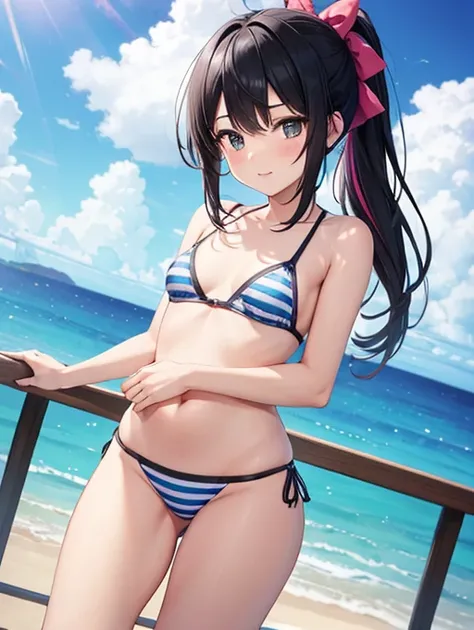  one girl to rainbow, striped bikini where you place your left hand on your butt, Black Hair Ponytail, small breasts