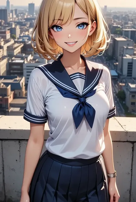  beautiful woman,   1 girl,  standing on the roof of a building ,  attractive, ＪＫ, (((smile,  blond:1.2, Bob with his bangs down ))),   sailor suit,    Navy Blue Pleated Skirt ,   standing,   cowboy shot :2, (( pose with arms extended :1.6)),   very elabor...