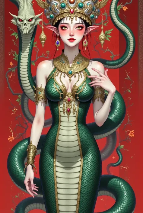 Egyptian Pharaoh，skull crown ，  snakeskin dress  ，  black python，  red eyes。Suspended buildings，tower，peony，lightning