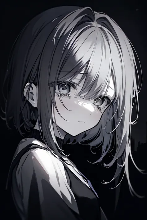 a depressed girl, melancholy, sad expression, tears in eyes, dark cloudy background, gloomy atmosphere, monochrome, desaturated colors, chiaroscuro lighting, dramatic shadows, cinematic composition, moody and atmospheric, emotional and introspective, abstr...