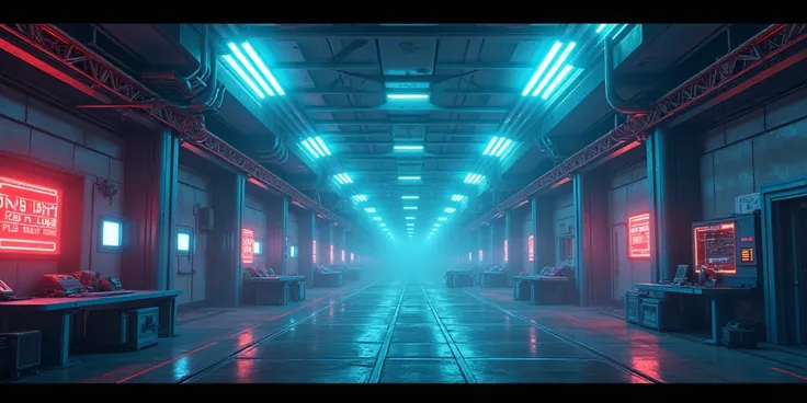 je veux un background pour une série animation 2D et 3D pour un usine de robots et technologie , lle style je veux un style entre bleu et rouge et inspiré de ' the last s on earth', et un peu futuriste.