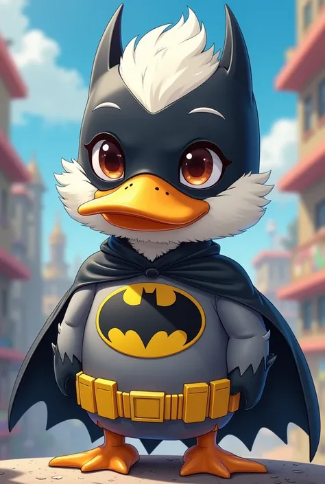 A kawaii white duck disguised as Batman styled Anime 