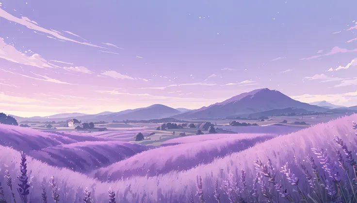 LAVENDER landscape , Pastel Purple Colors ,,Ghibli style ,cute ,Cozy , Landscape Wide Field Ultrawide Purple tone