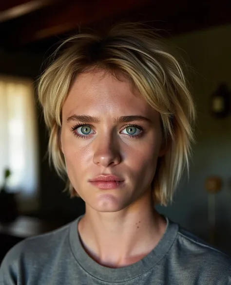  Ultra-realistic 8k image of young Mackenzie Davis's face, a close and symmetrical photograph of his face, She has slightly short dark blonde hair , Your eyes are bright light green,  all the details of her beautiful face are perfectly appreciable. She is ...