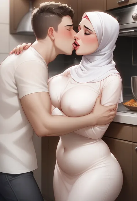 Arab housewife, curvy body, wearing a hijab, A woman's weight is 100 kg, long white dress, very large breasts, romantic, shy, standing with a 15-year-old boy, harassment, betrayal, medium stomach, holding her breasts, please touch me, my husband is sleepin...