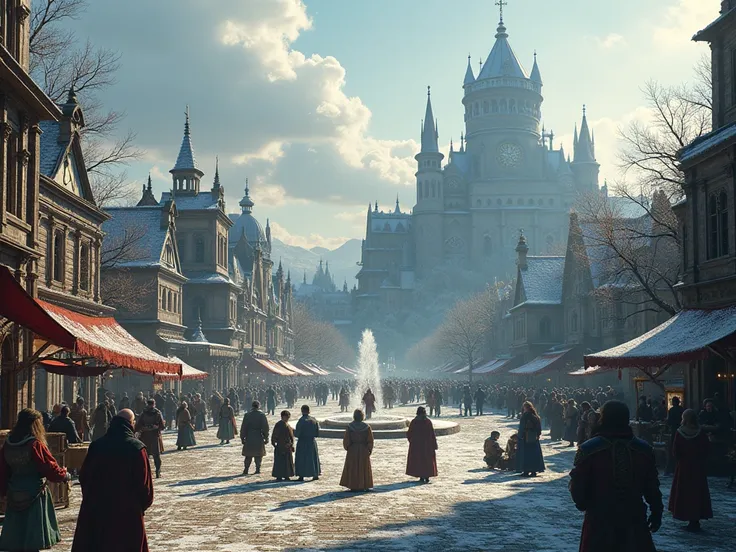 (((view from ground))) of a large city square with a park, medieval metropolis background, medieval people walking around, 8k, masterpiece, medieval winter fantasy atmosphere, medieval appropriate items