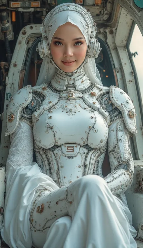 The alien killer,korean woman sit in a cockpit deck of solarpunk space ship, voluptuous woman, detail body aspect, white lace hijab and mecha armor. Looking at viewer, pure beauty dignity and cheerful face. 