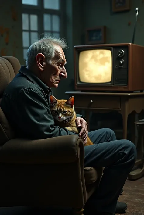  Very ugly man , crooked nose ,  very fair skin ,  short gray hair , on an armchair he holds a cat in his arms while watching television 