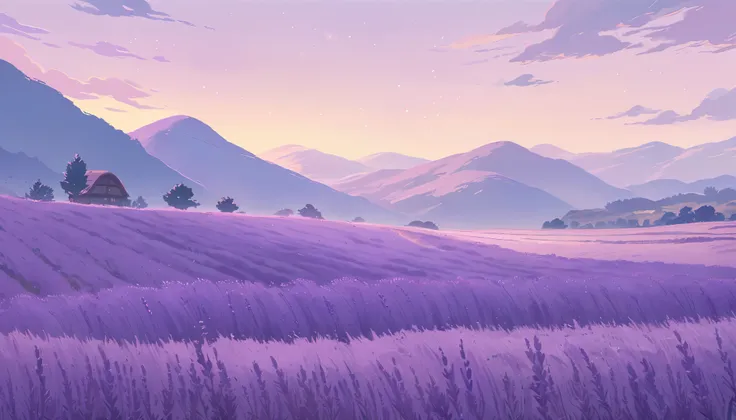 LAVENDER landscape , Pastel Purple Colors ,,Ghibli style ,cute ,Cozy , Landscape Wide Field Ultrawide Purple tone