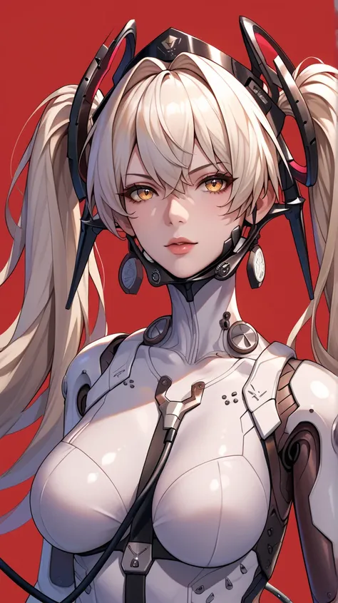 masterpiece, 1girl, Laurel, amber eyes, white hair, long hair, twintails, headgear, bodysuit, upper body, neutral, innexpressive, red background, simple background, score_9, score_8_up, score_7_up, unaestheticXL_bp5, cyber horns, Large breasts, Mechanical ...