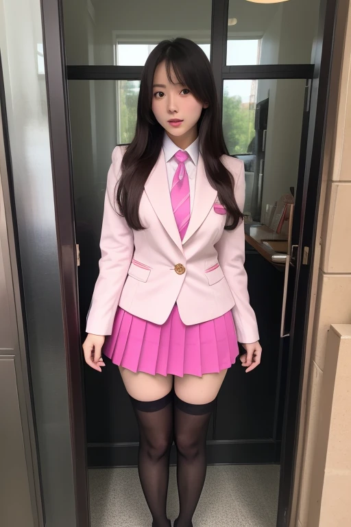 Outside the building、Japanese female student、 top quality、 super squadron、 pink squadron suit、 skirt、 stockings、See glass mirrors、 opens legs、 touches chest、 Open Your Mouth and Be Surprised