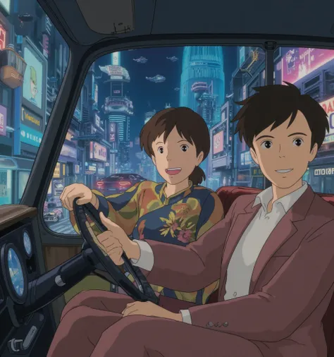    Beautiful smiling girl going on a drive date with her first love、  top grade 、LOFI風、 Ghibli style 、Drive through the city of the future   