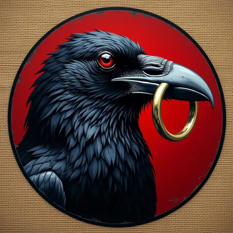 In the circle, the head of a raven with a ring in the beak. The emphasis on a silver beak with a ring so that they are clearly visible. The raven symbolizes the wisdom of the raven and insight. The head of the crow can include bold colors, such as black an...