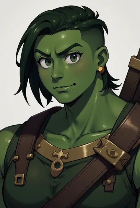 {1 (man) half-orc}, {ranger}, {skin (green)}, {pointed ear}, {ear piercings jewelry}, {gold earrings}, {hair cut Undercut mid-long}, {muscular person}, ex solder, {(kind expression)}, {smug expression}, {with clothes}, {(armor)}, {bow},  medieval fantasy w...