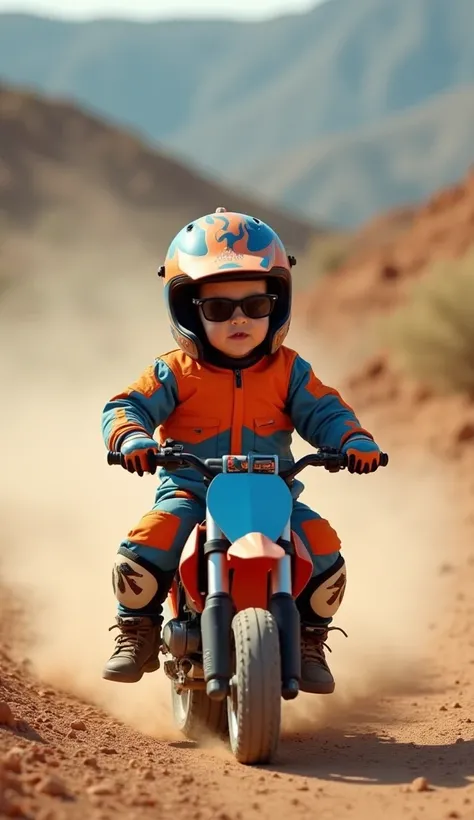 "Create an action-packed scene of a  baby boy riding a miniature dirt bike smoothly over a dusty off-road trail. He is dressed in a tiny motocross suit, covered in shades of orange and blue, with matching knee pads and gloves. His little helmet has a playf...