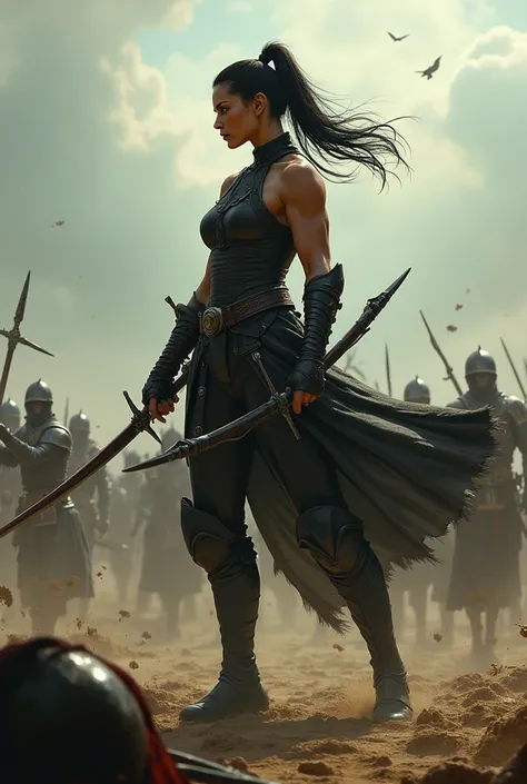 Very muscular big woman dressed head to toe in black killing knights on a battlefield with a crossbow and daggers. She has a black ponytail, green eyes and tanned skin