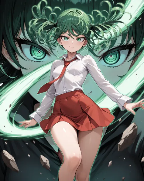 (high res, 8K, masterpiece, looking at viewer, best quality, very aesthetic, ultra detailed, ultra background, ultra Eyes) intricate details, 1girl, Tatsumaki, Green eyes, Dark Green Hair, Ponytails hair, Smile Face, Short white shirt, Red tie, Red short s...